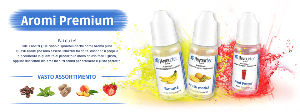 Tutti i nostri gusti sono disponibili anche come aroma puro. Questi aromi possono essere utilizzati fai da te, dosando a proprio piaceimento la quantità di prodotto in modo da esaltare il gusto, oppure miscelarli insieme ad altri aromi per ottenere il gusto perfetto.